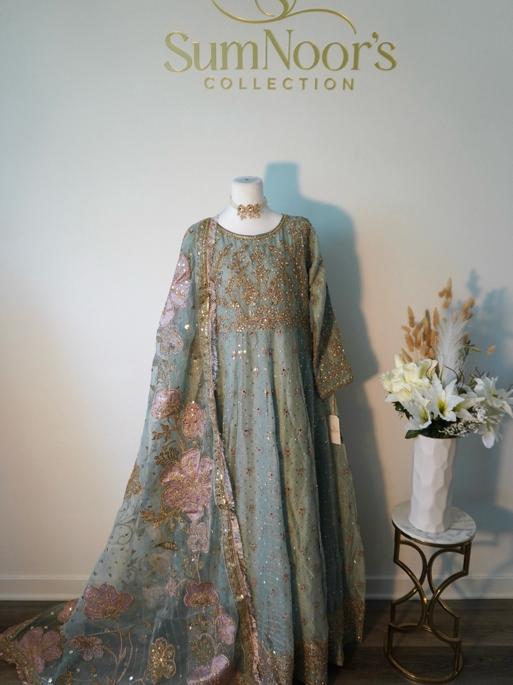 Pakistani Blue Maxi dress with Trendy viral floral dupatta